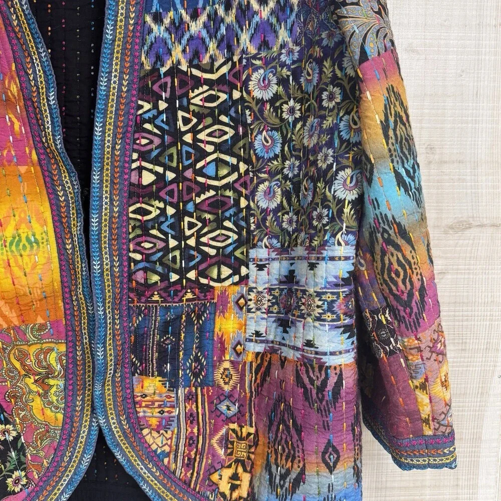 John Mark Women’s Patchwork Quilted Jacket | Boho Artisan Open‎ Front Boutique L